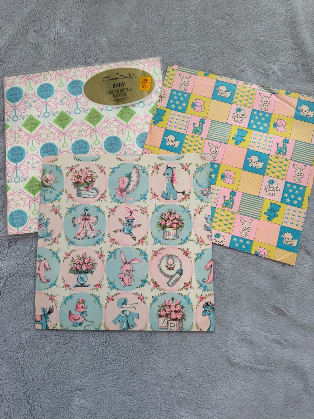 Vintage Baby Shower Wrapping Paper Gift Wrap Lot Retro Nursery Animals Floral